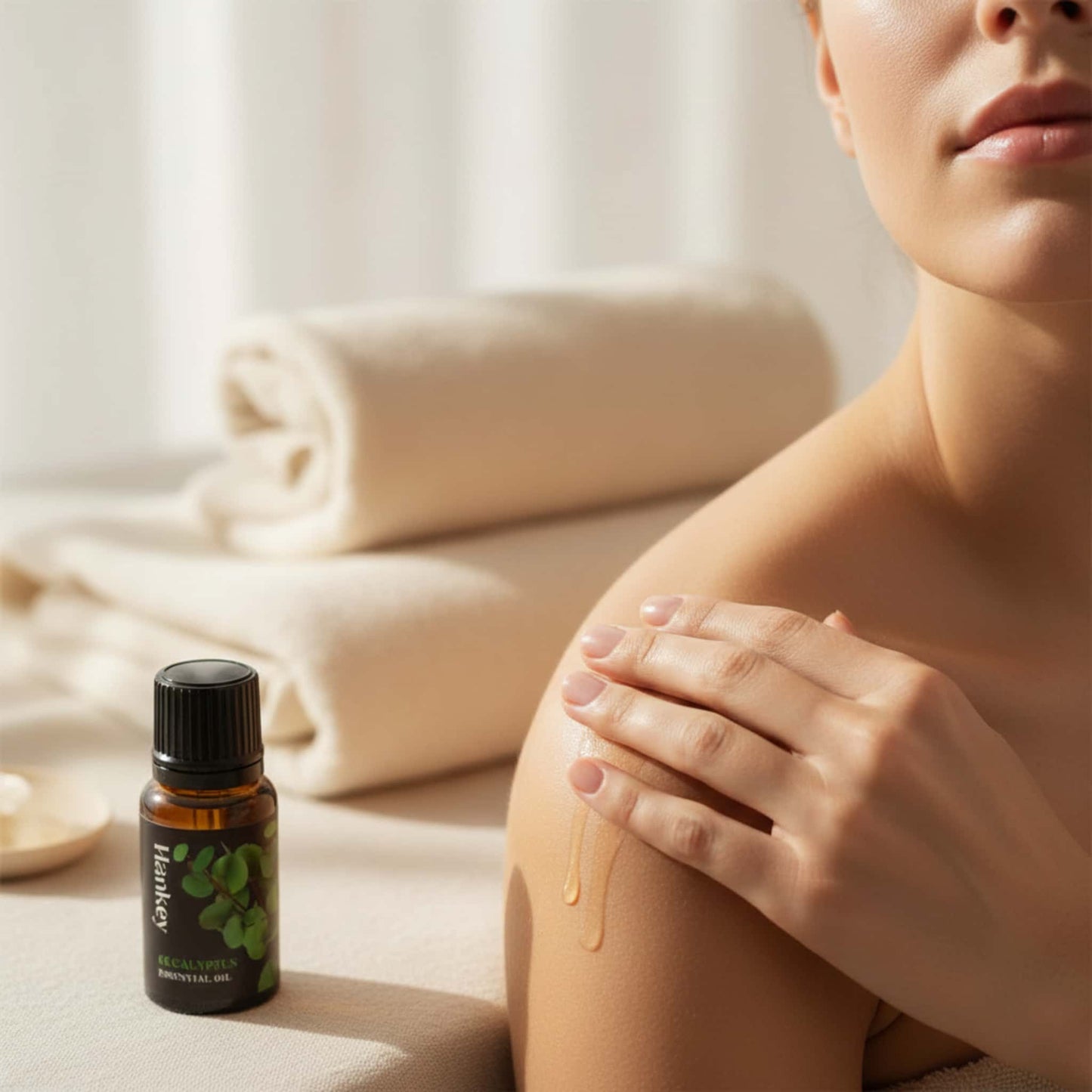 A couple's hands applying Eucalyptus sensual oil to skin, for sensory awakening and deep breathing in intimate moments.