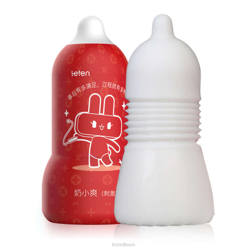 Male Pleasure Device - Portable & Compact with red cartoon-themed case and ribbed white silicone sleeve. Features multi-level suction technology.