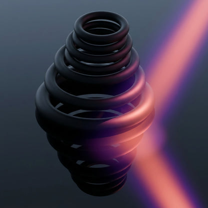 Minimalist stack of black silicone rings reflecting on polished black glass with a vibrant purple and coral light bloom. Elegant adult lifestyle product photography.