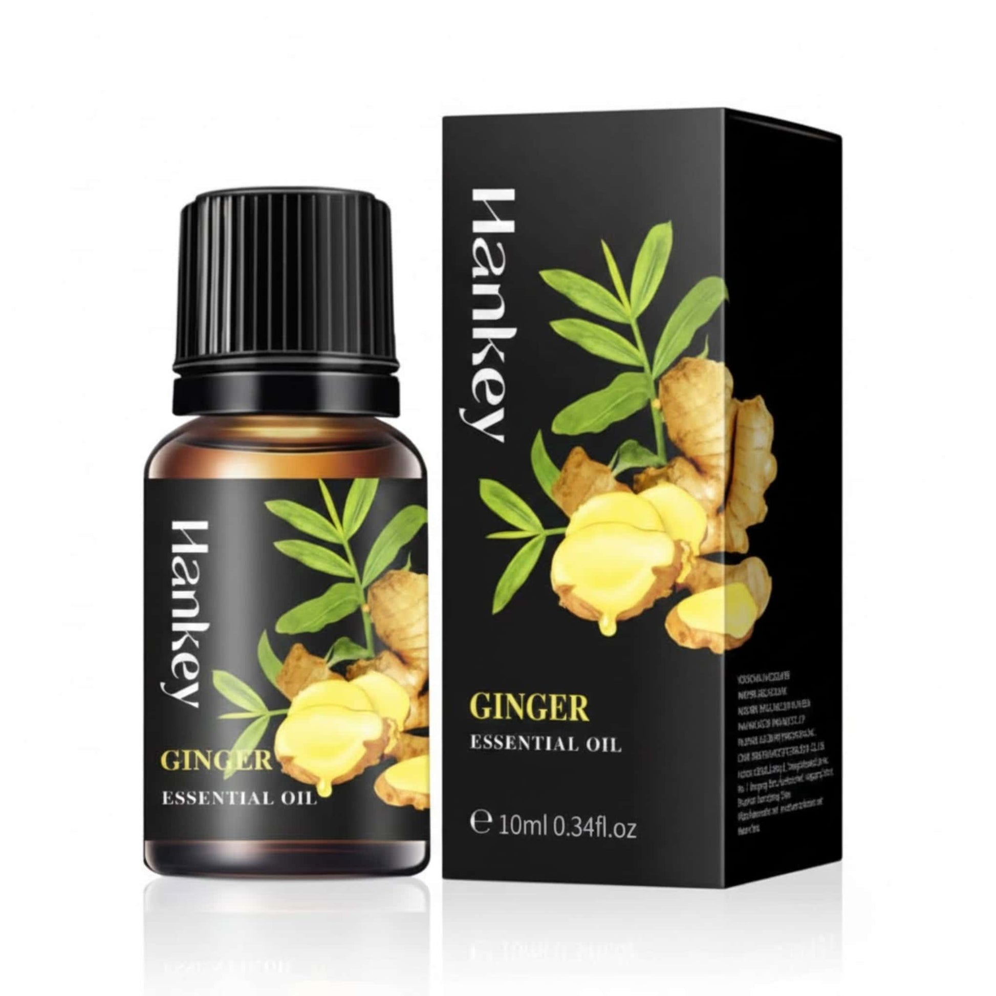 Ginger Essential Oil bottle and its black packaging box displayed on a pure white background for e-commerce.