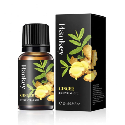 Ginger Essential Oil bottle and its black packaging box displayed on a pure white background for e-commerce.