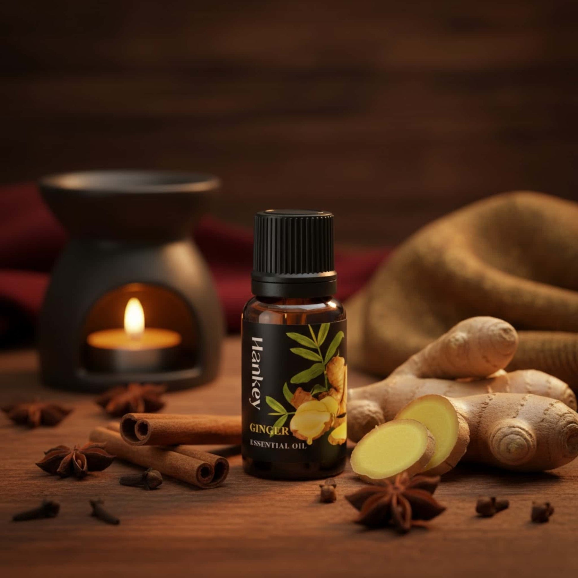 Ginger sensual oil bottle surrounded by ginger roots and spices, creating a warm, passionate, and invigorating intimate atmosphere.