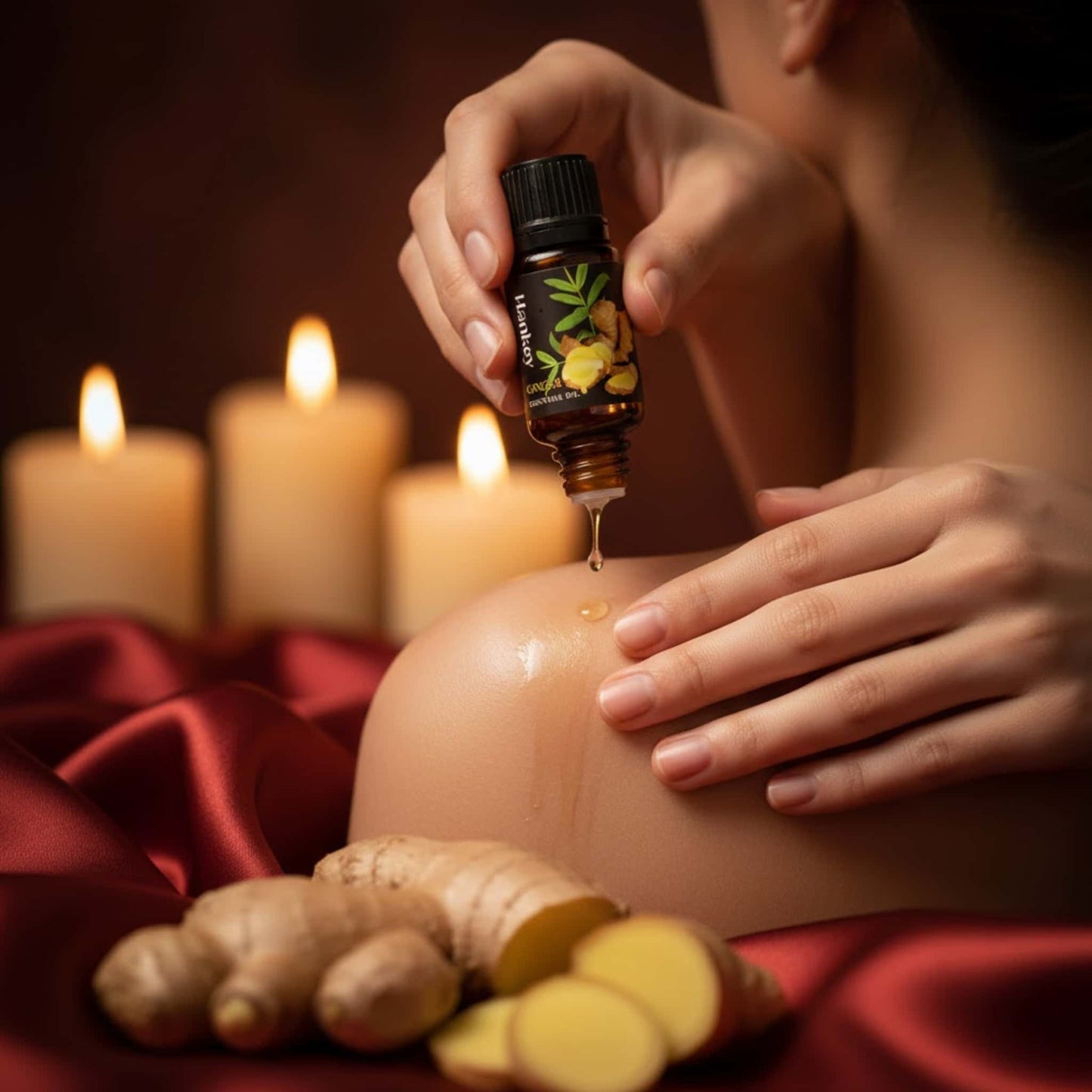 A couple's hands applying Ginger warming sensual oil for an intimate and stimulating massage on the shoulder.