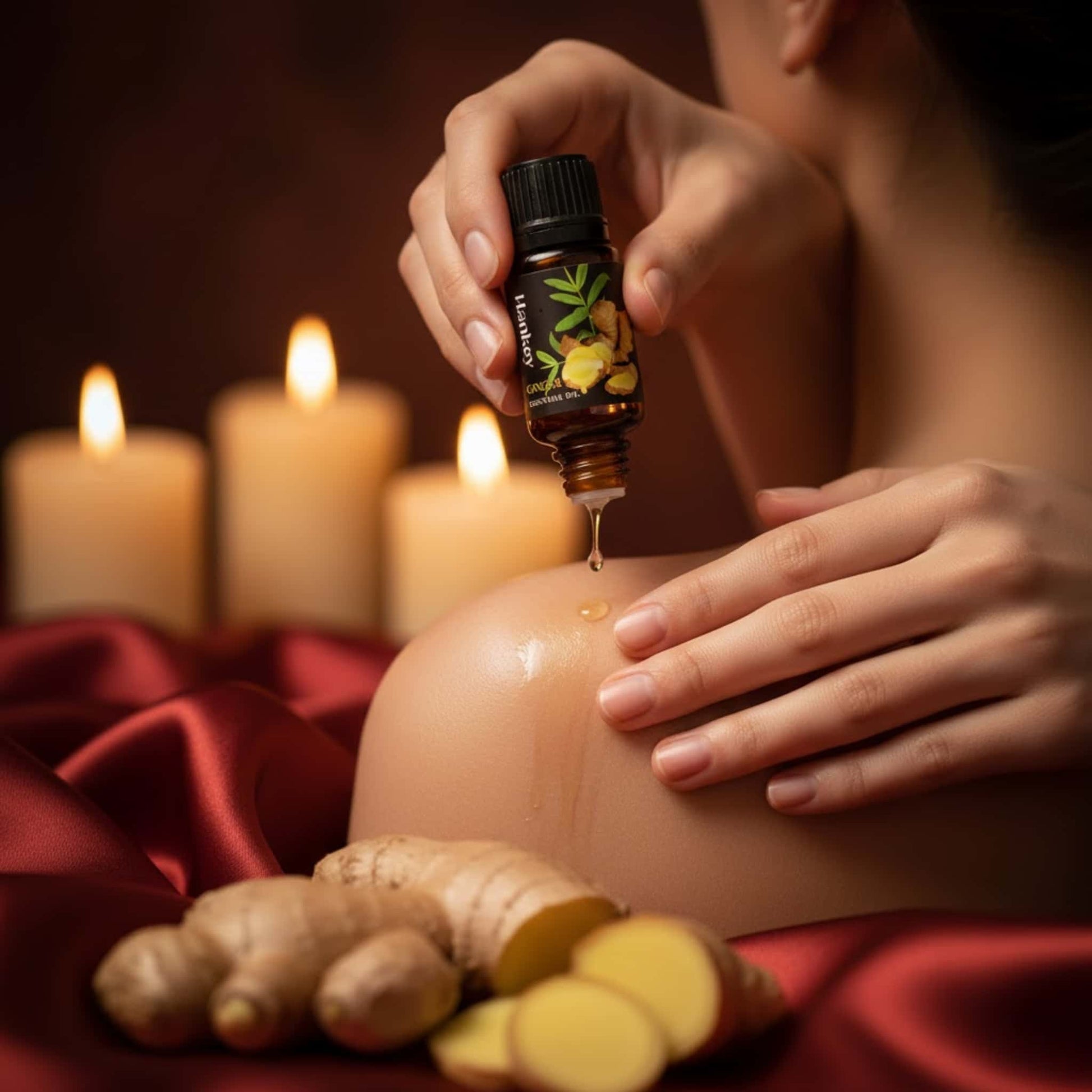 A couple's hands applying Ginger warming sensual oil for an intimate and stimulating massage on the shoulder.