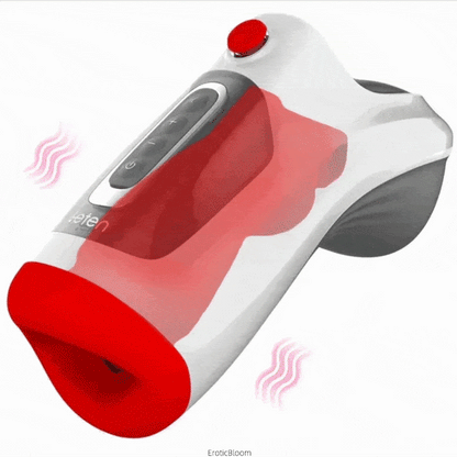 HELEN Air Pressure Male Stimulator with dual motor vibration and red silicone sleeve. Features Type-C charging and waterproof IP6 design.