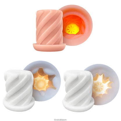 KETEN Men's Personal Training Device in peach color showing spiral exterior and textured inner sleeve with 7 modes and 5 speed settings.