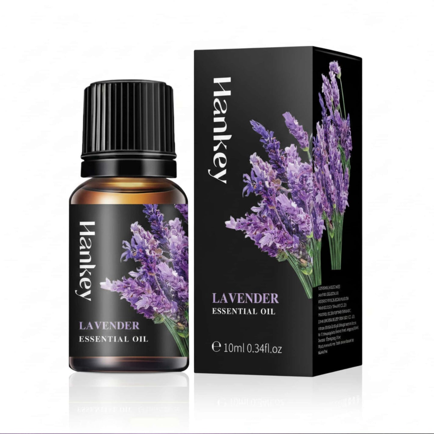 Lavender Essential Oil bottle and its black packaging box displayed on a pure white background for e-commerce.