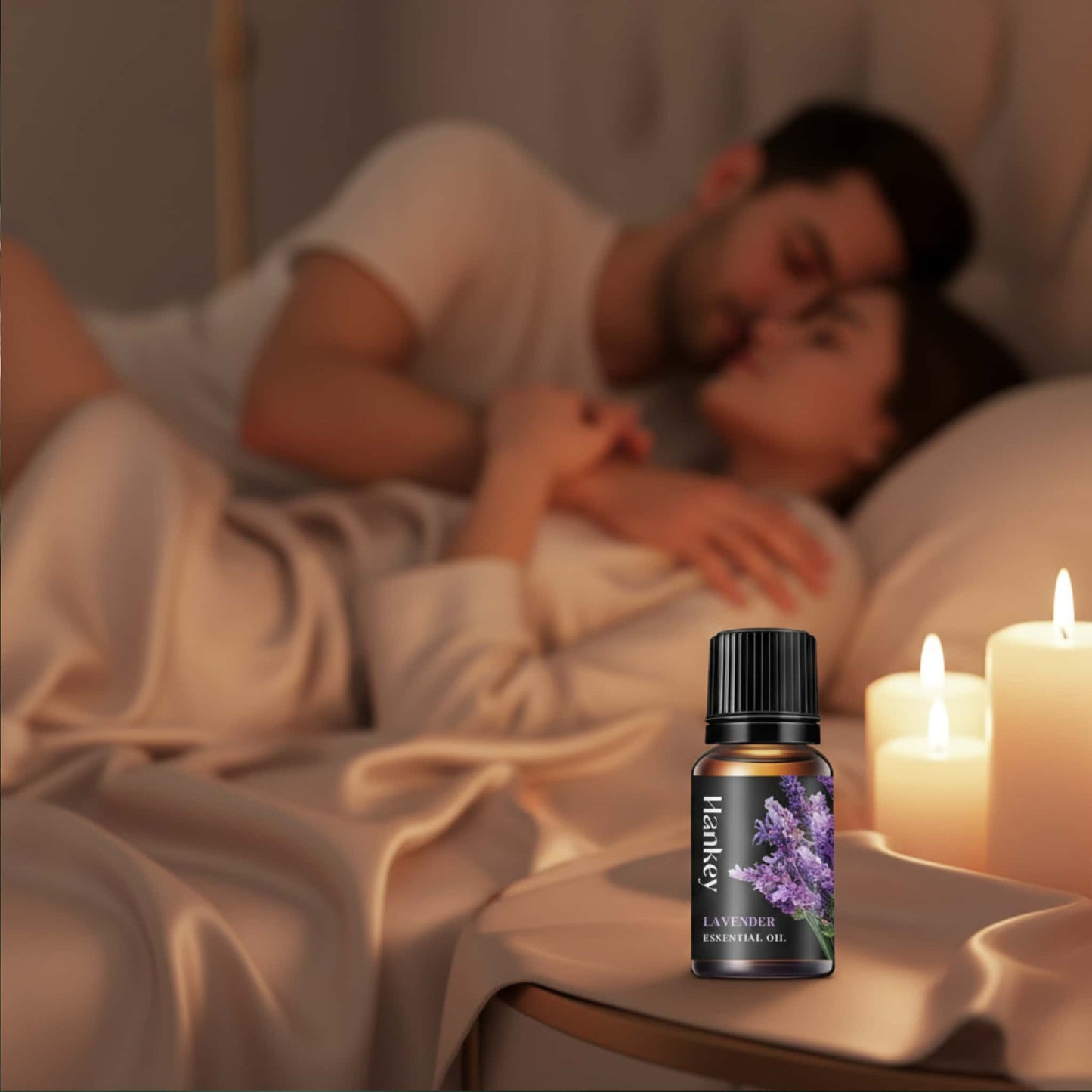 Lavender relaxing sensual oil in the foreground, with blurred figures in the background showing deep intimate connection and relaxation.