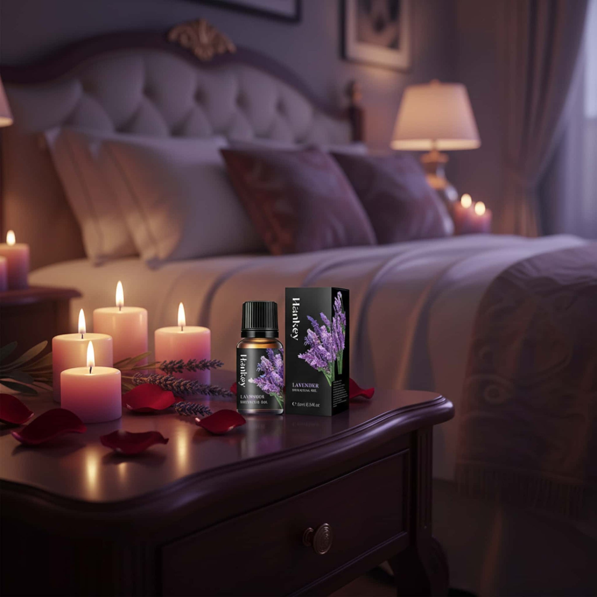Lavender relaxing sensual oil bottle surrounded by romantic candles and lavender sprigs, setting the mood for an intimate evening.
