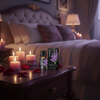 Lavender relaxing sensual oil bottle surrounded by romantic candles and lavender sprigs, setting the mood for an intimate evening.
