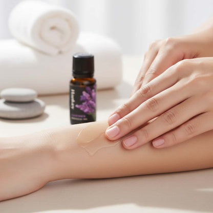 Hand gently massaging Lavender relaxing sensual oil onto smooth skin for a soothing and nourishing experience.