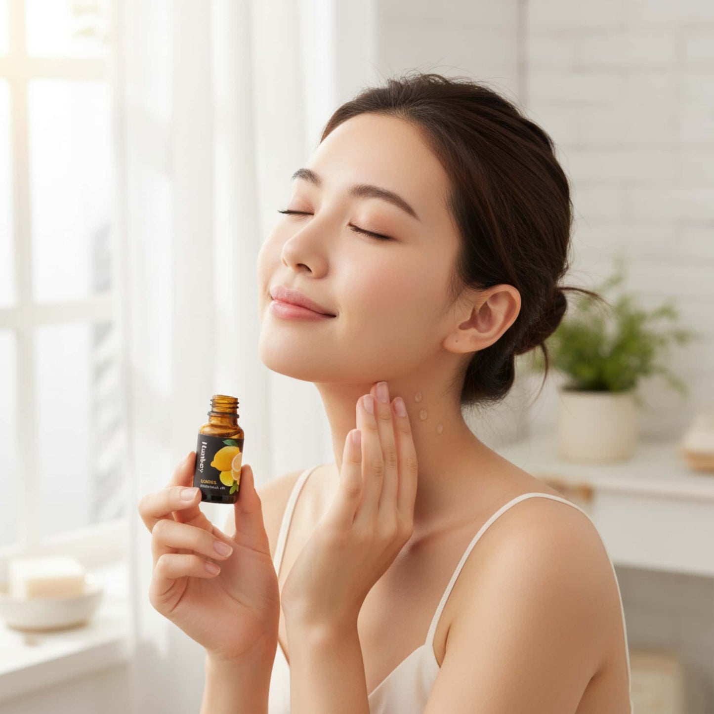 Woman applying Lemon essential oil blend to her neck for an uplifting morning routine and skin brightening.