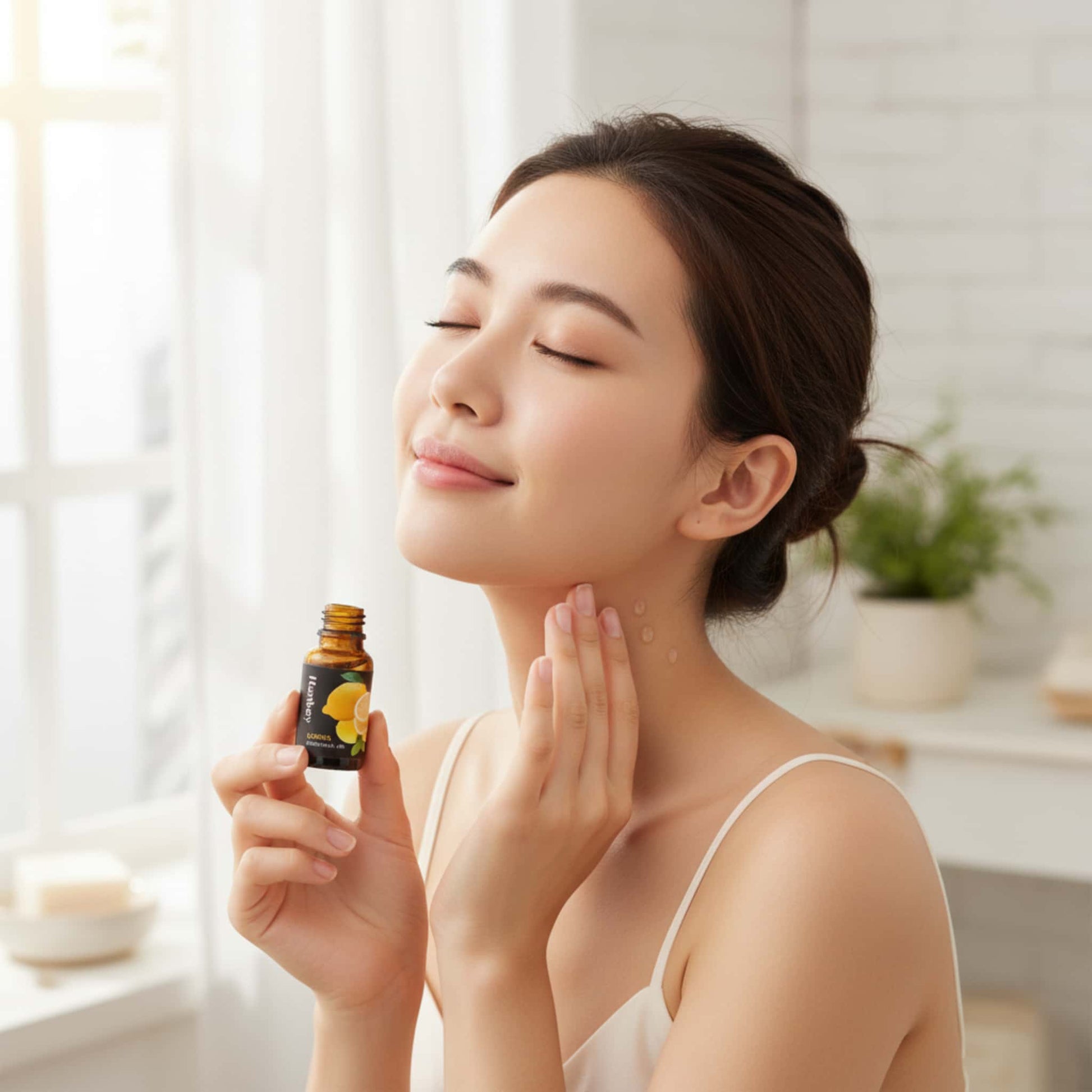 Woman applying Lemon essential oil blend to her neck for an uplifting morning routine and skin brightening.