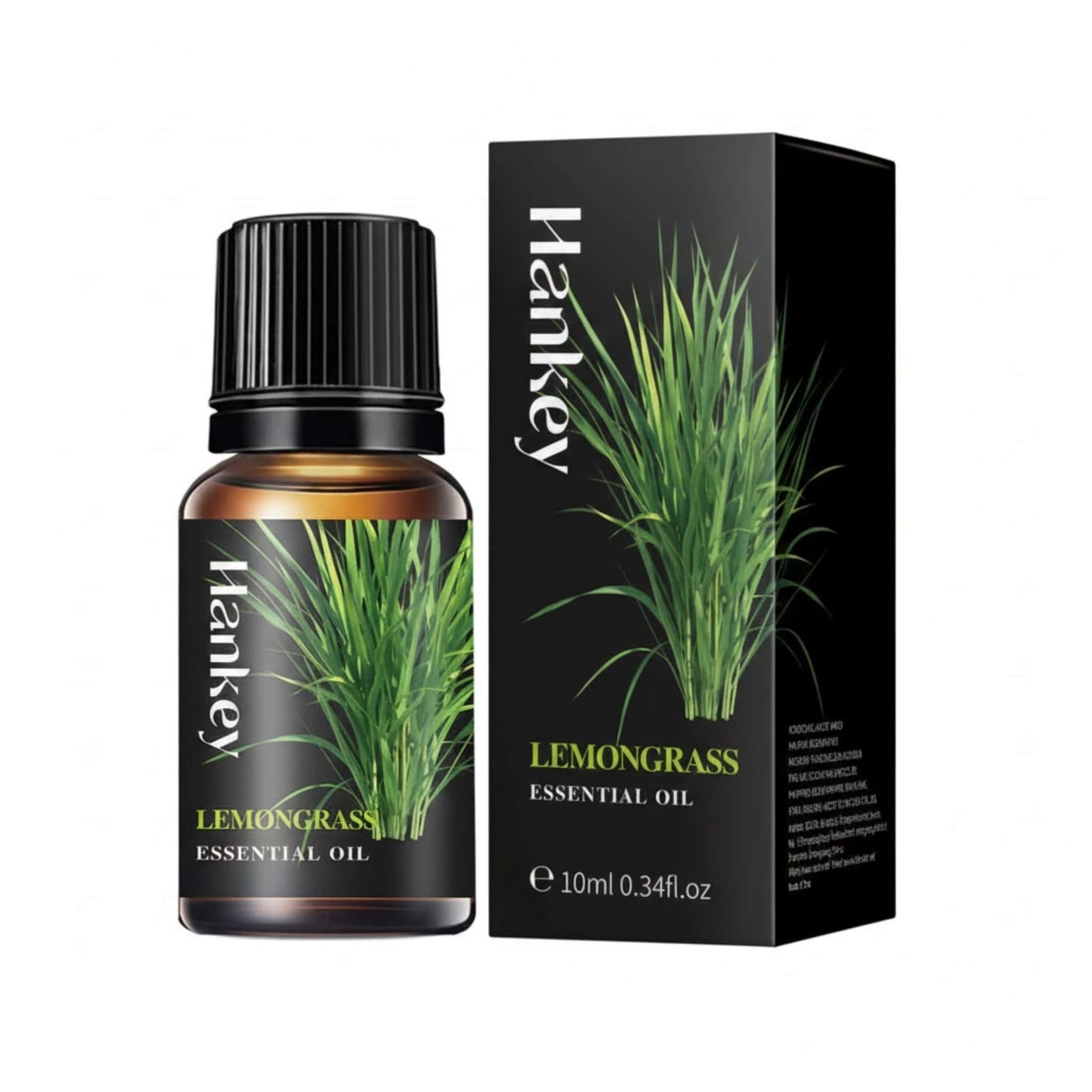 Lemongrass Essential Oil bottle and its black packaging box displayed on a pure white background for e-commerce.