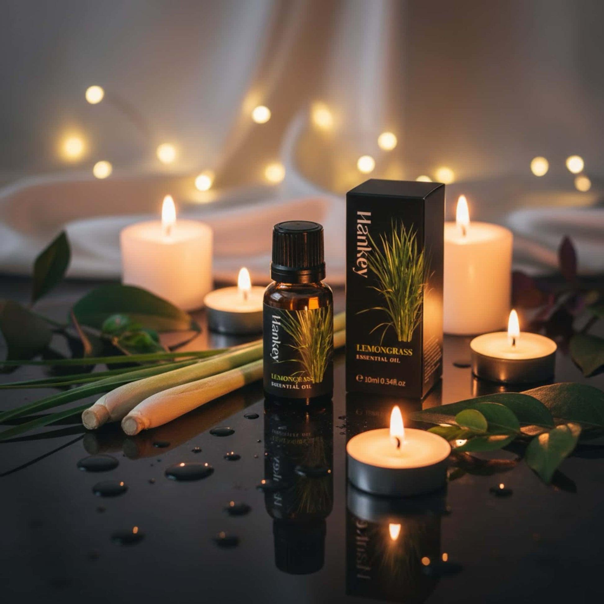 Lemongrass aroma oil bottle surrounded by flickering candles and exotic leaves, creating an intimate and romantic atmosphere.