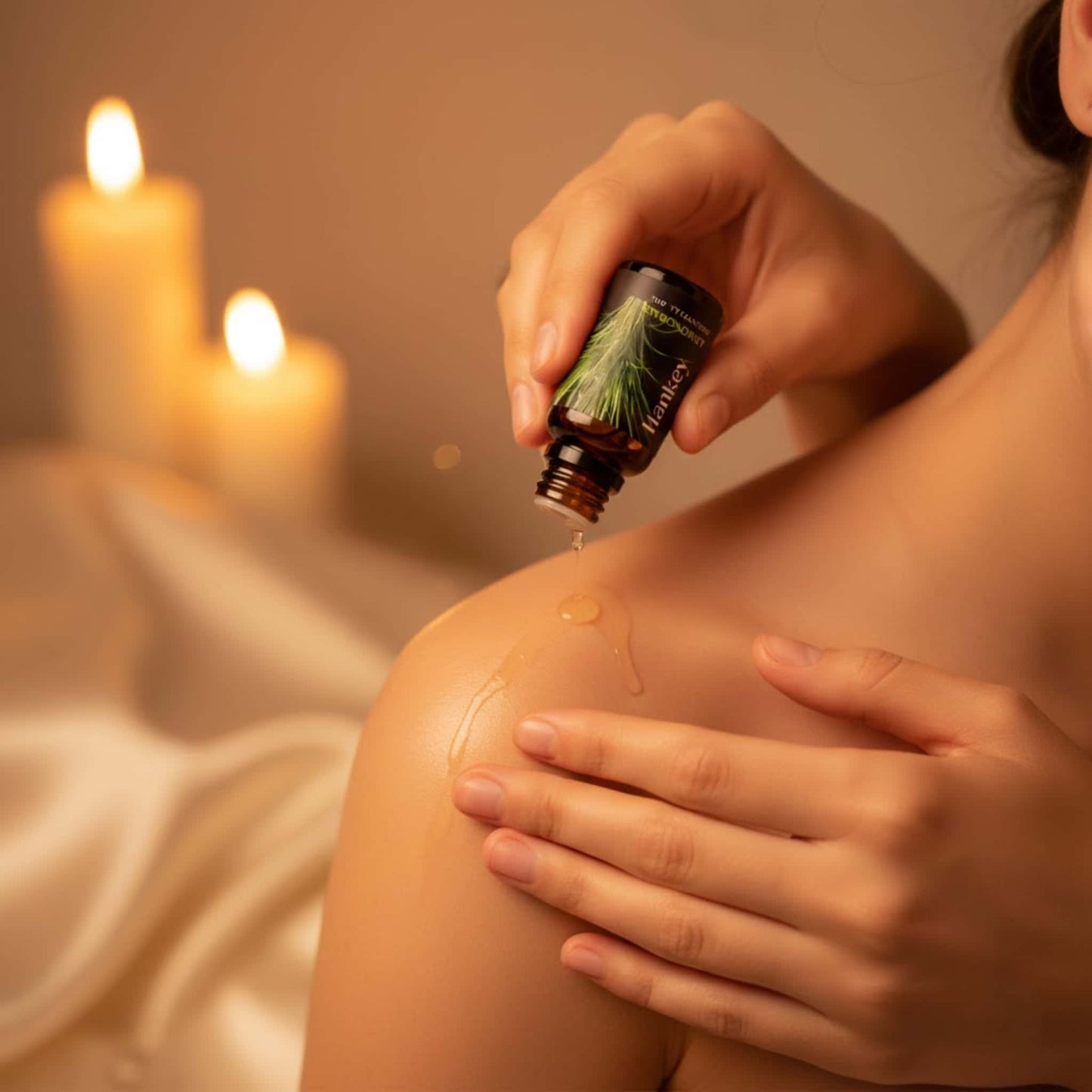 A couple's hands applying Lemongrass sensual aroma oil for an intimate and moisturizing massage on the shoulder.