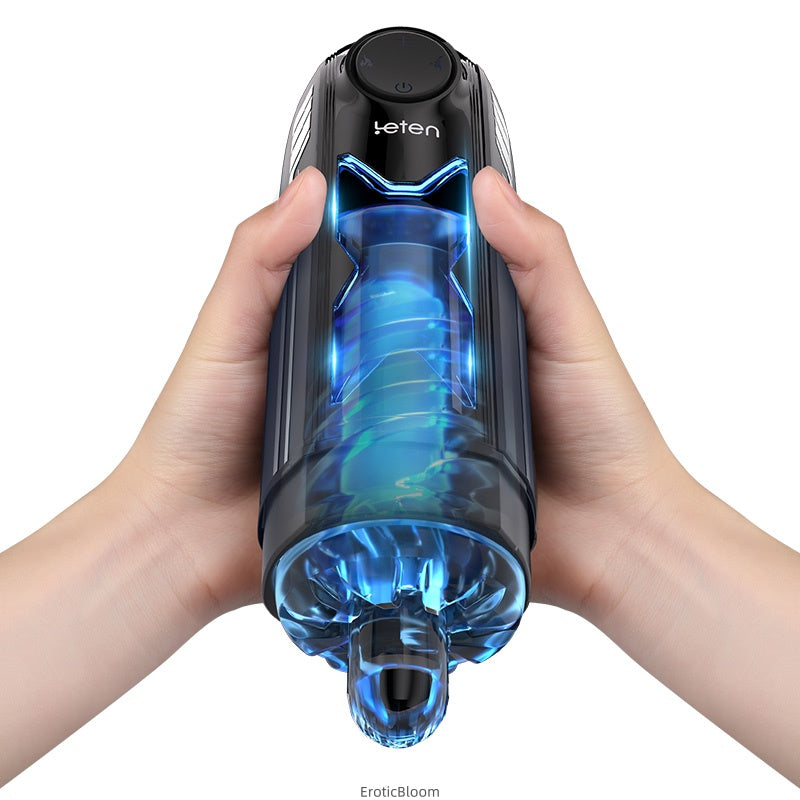 LETEN Ultra-Speed Male Stroker with 700 strokes per minute, glowing blue interior, and ergonomic grip for intense stimulation and comfort.
