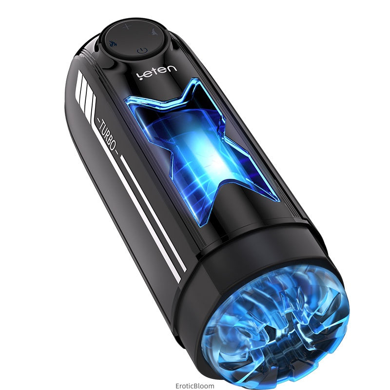 LETEN Ultra-Speed Male Stroker with 700 SPM, heating function, and multi-language audio in sleek black design with blue internal chamber.