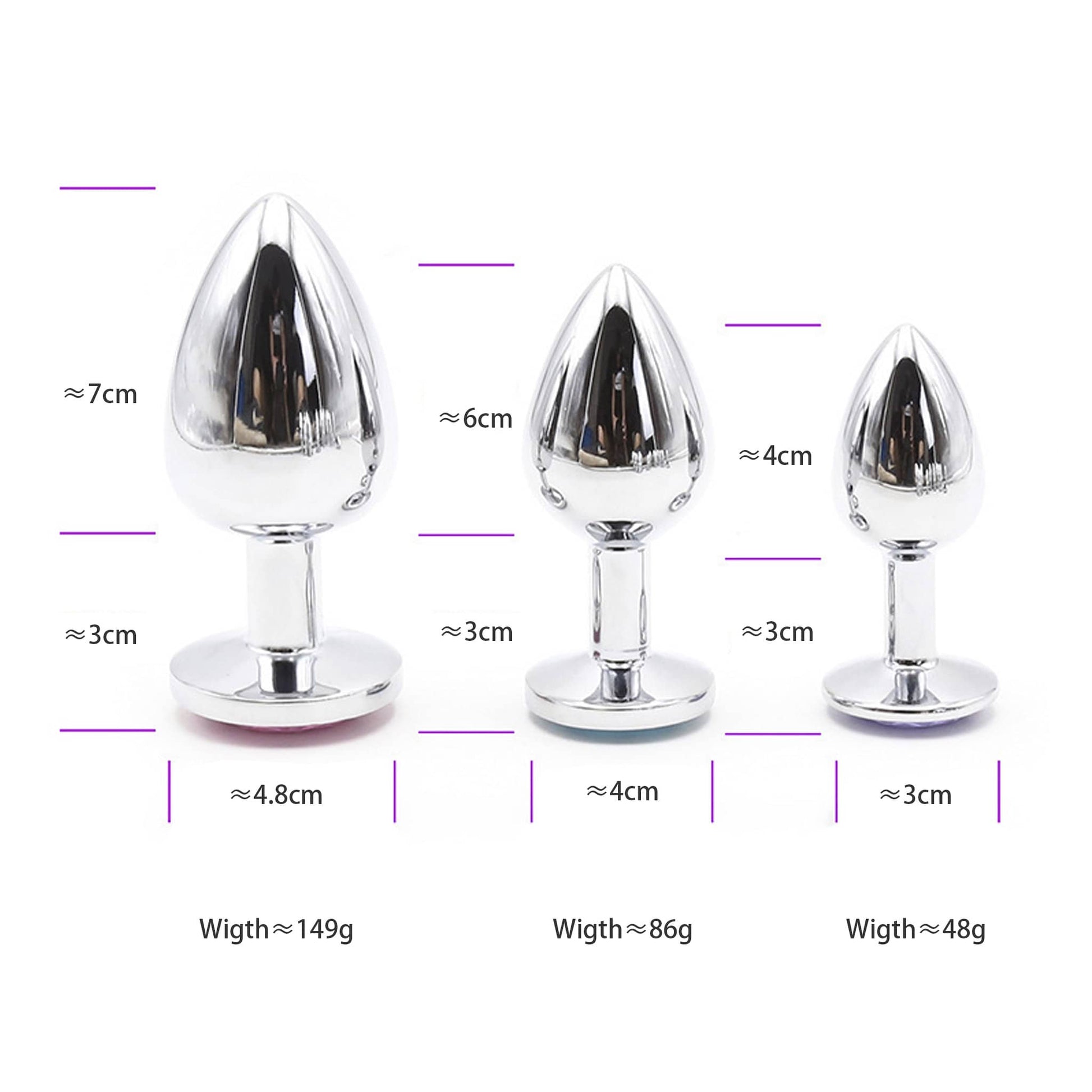 Set of three metal anal plugs (small, medium, large) with dimensions: Small (4cm L, 3cm base, 48g), Medium (6cm L, 4cm base, 86g), Large (7cm L, 4.8cm base, 149g)
