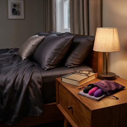 Black, pink, and purple mini bullet vibrators arranged in a purple silk pouch on a wooden nightstand next to a bedside lamp and a book.