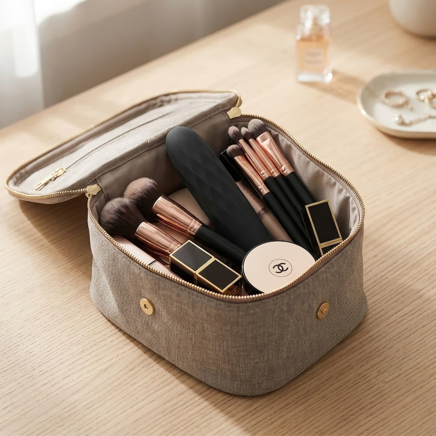 A sleek matte black bullet vibrator discreetly placed inside an opened beige linen makeup bag with makeup brushes and lipstick on a light wooden vanity.