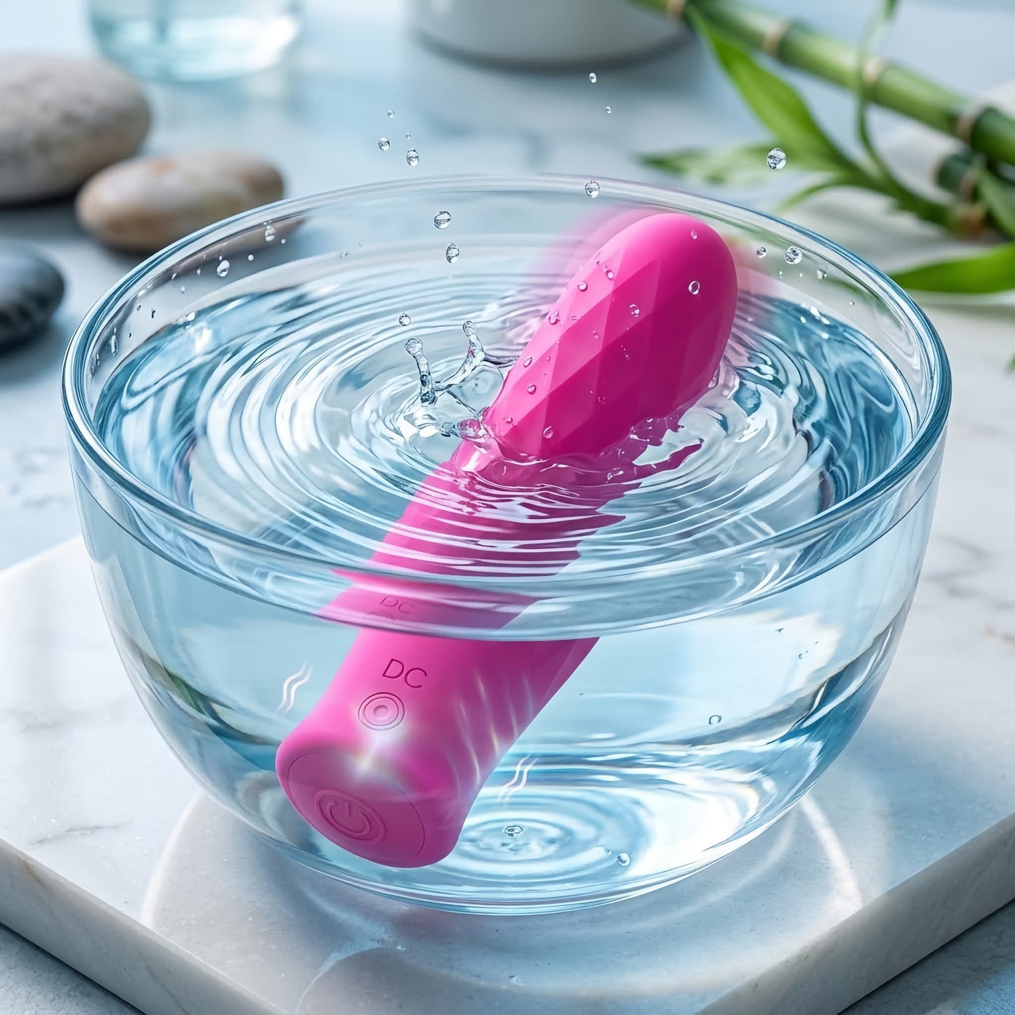 A pink bullet vibrator operating in a glass bowl of water, creating water ripples and splash drops to demonstrate its waterproof capability and powerful vibration.