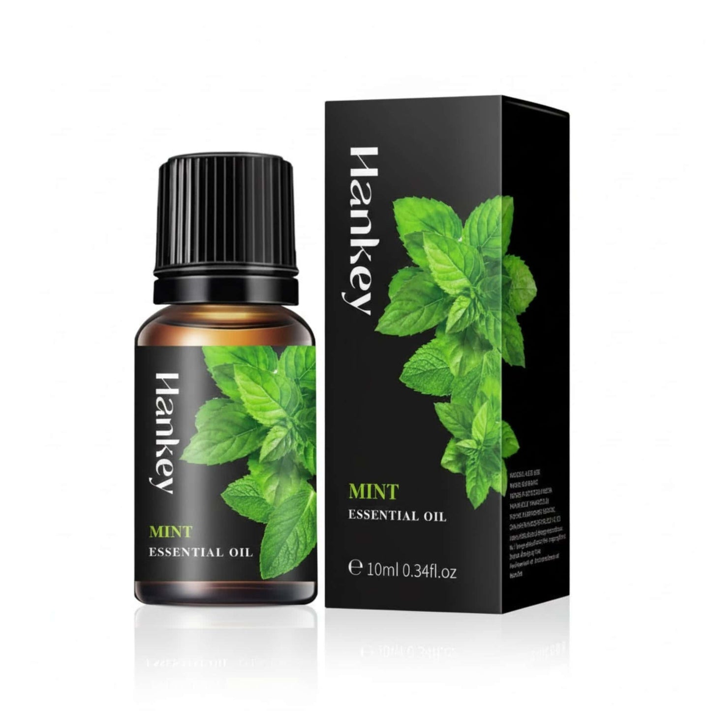 Mint Essential Oil bottle and its black packaging box displayed on a pure white background for e-commerce.