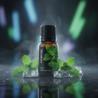 Mint essential oil bottle with mint leaves and cool mist, creating an invigorating and exciting atmosphere for intimate moments.