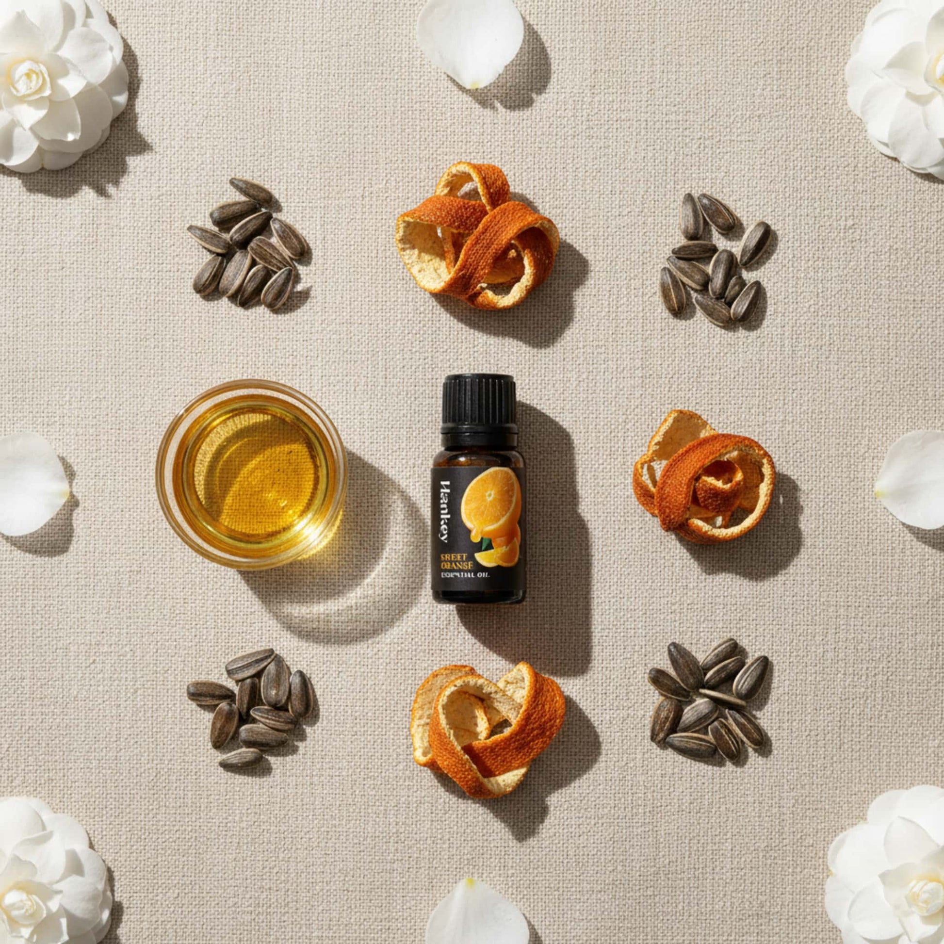 Flat lay overview of Sweet Orange blend ingredients: bottle, orange peels, camellia petals, and sunflower seeds on linen.