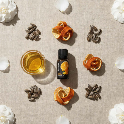 Flat lay overview of Sweet Orange blend ingredients: bottle, orange peels, camellia petals, and sunflower seeds on linen.