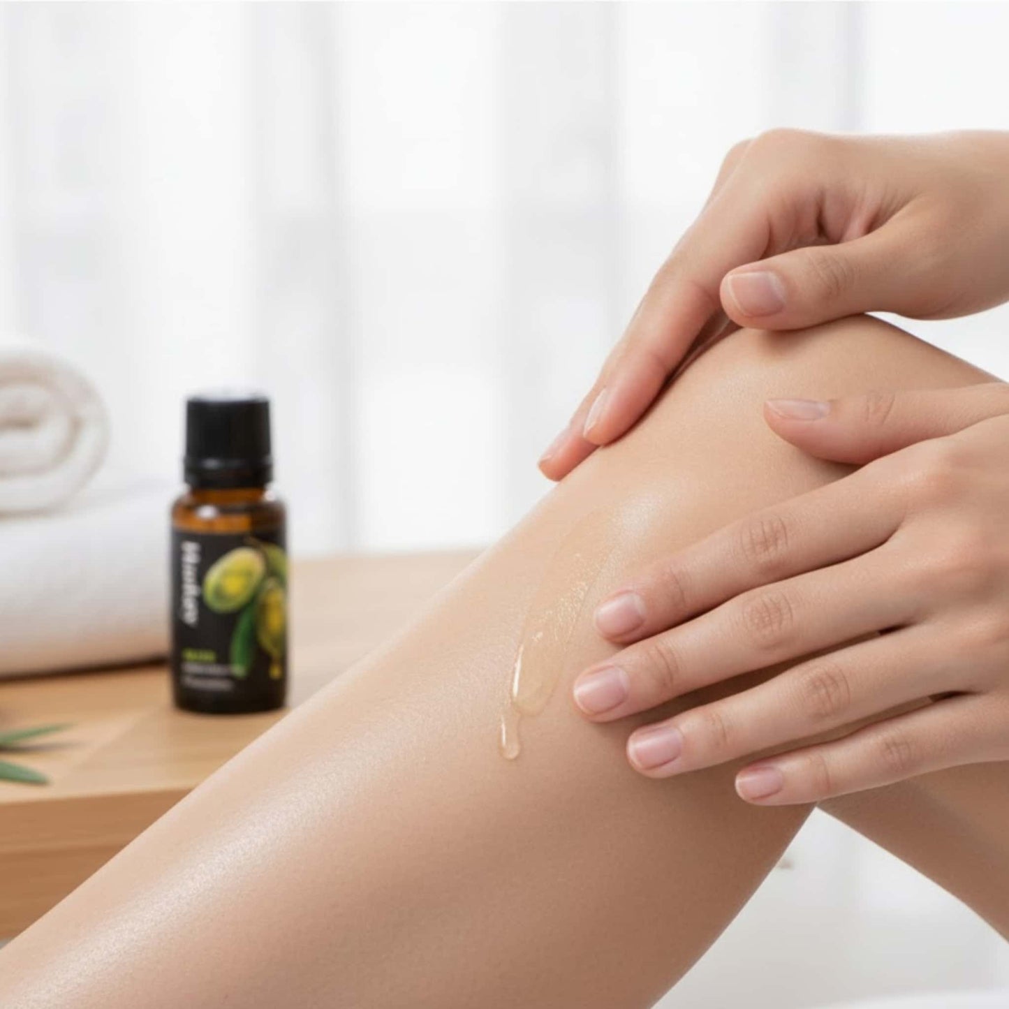 Hand gently massaging Olive silky sensual oil onto deeply nourished skin for a luxurious and velvety experience.