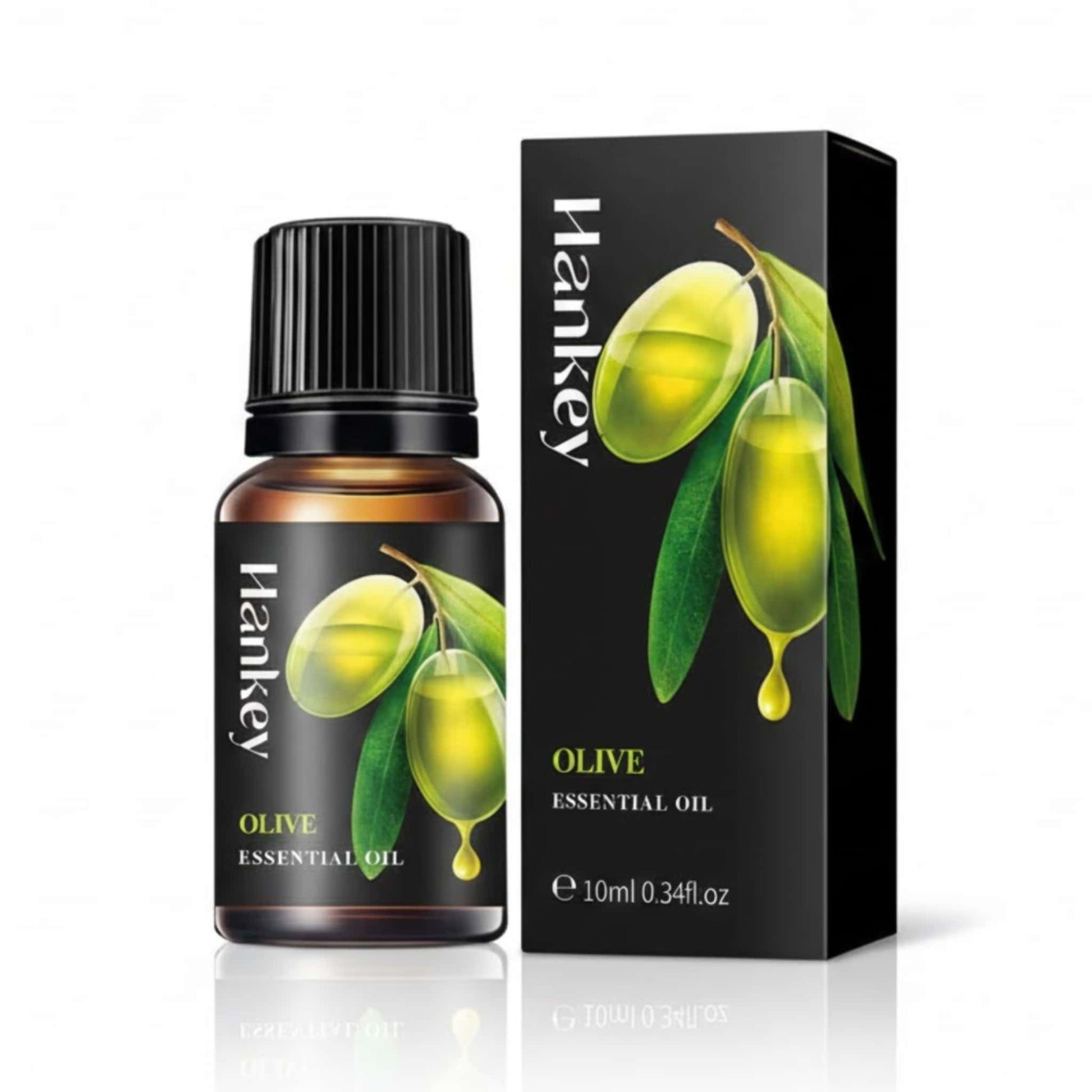Olive Essential Oil bottle and its black packaging box displayed on a pure white background for e-commerce.