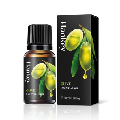 Olive Essential Oil bottle and its black packaging box displayed on a pure white background for e-commerce.
