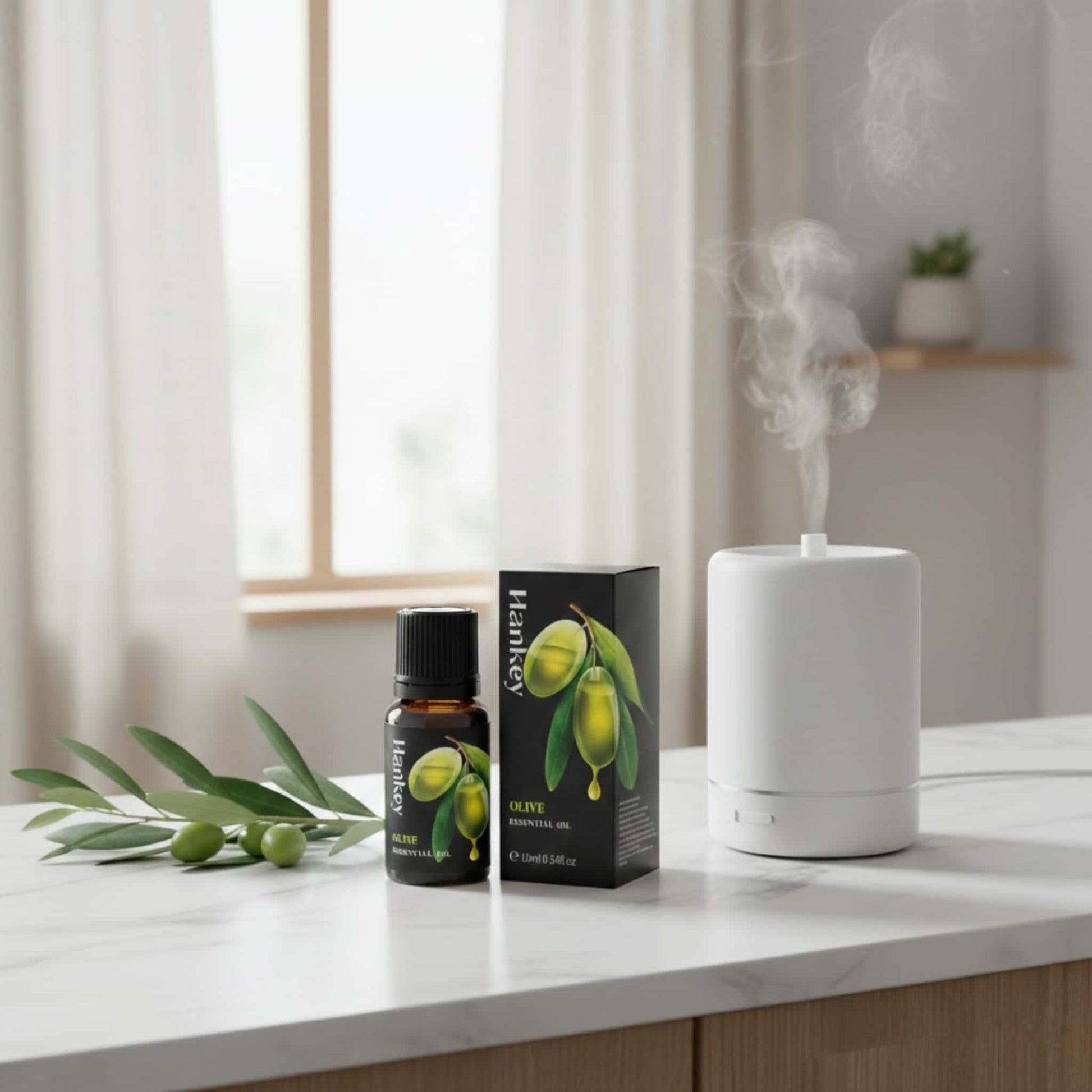 Olive sensual oil bottle with fresh olive leaves and a minimalist diffuser, creating a luxurious, comfortable, and nourishing intimate atmosphere.