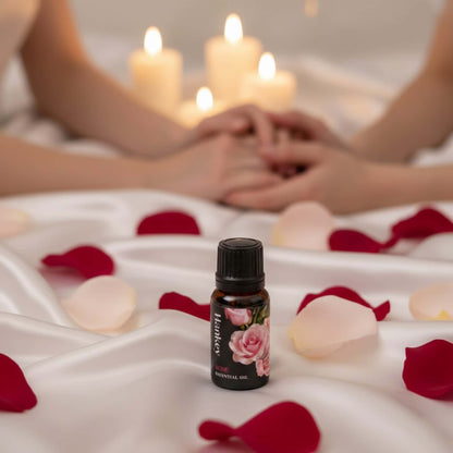 Rose romantic sensual oil in the foreground, with blurred figures in the background showing deep loving connection and romance.