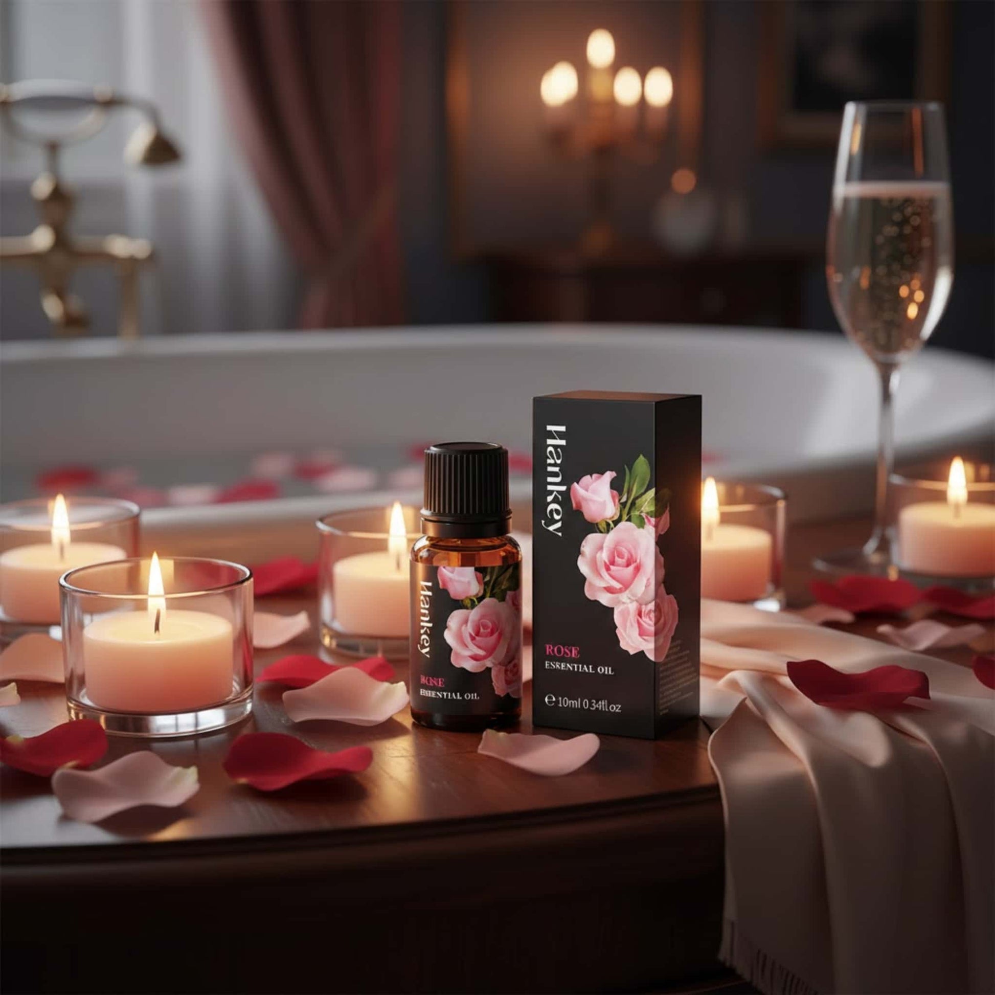 Rose romantic sensual oil bottle surrounded by luxurious rose petals and candles, creating an enchanting and passionate intimate atmosphere.