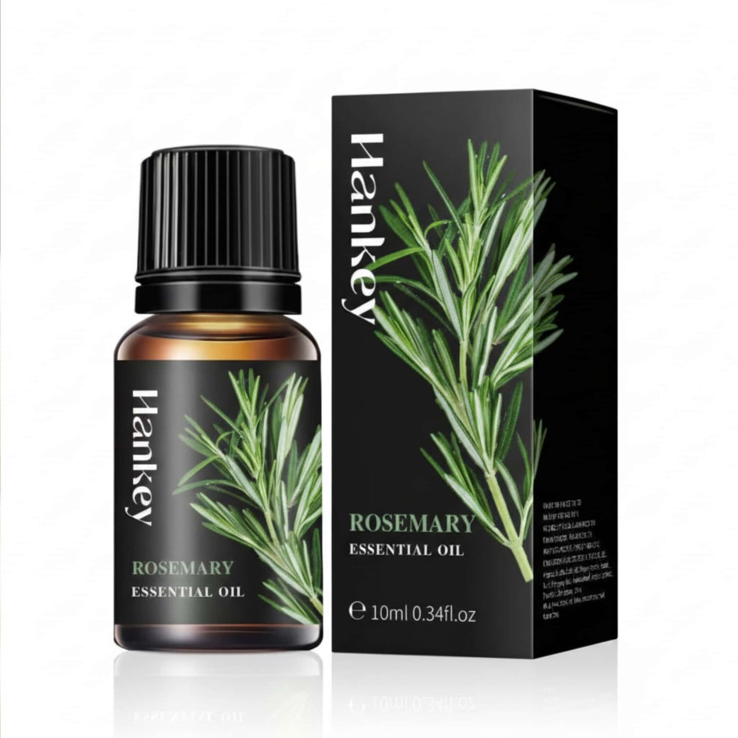 Rosemary Essential Oil bottle and its black packaging box displayed on a pure white background for e-commerce.