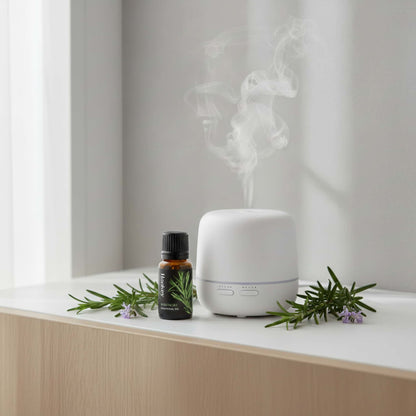 Rosemary invigorating sensual oil bottle with a minimalist diffuser and fresh rosemary sprigs, creating a clear and energetic intimate atmosphere.