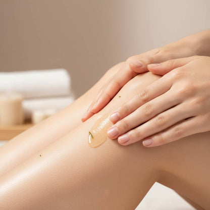 Hand gently massaging Rosemary invigorating sensual oil onto smooth skin for a stimulating and revitalizing experience.