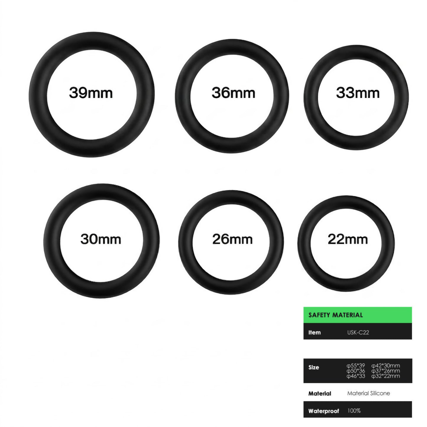 Size chart and specifications for the six-piece black silicone cock ring set, showing inner diameters from 22mm to 39mm and 100% waterproof medical silicone details.