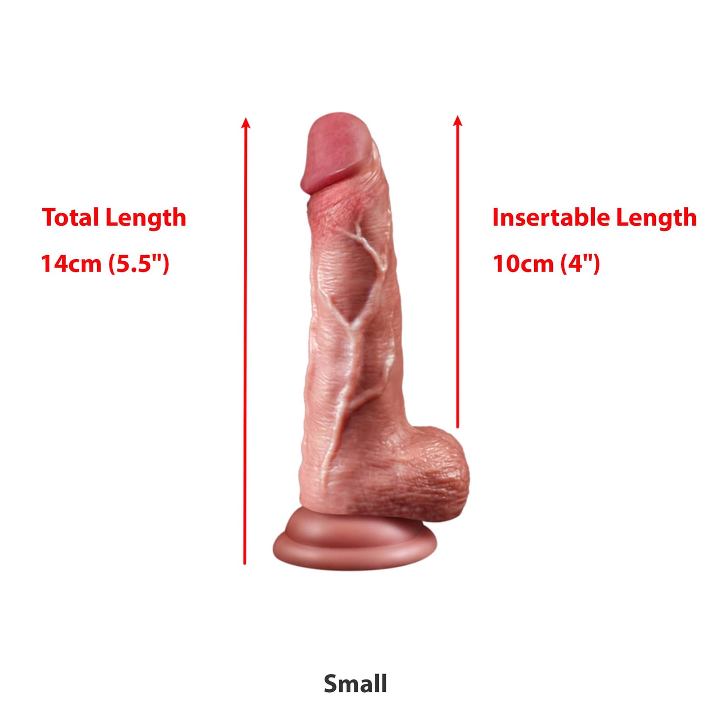 Realistic dildo in small size with 14cm total length and 10cm insertable length. Made of body-safe silicone with a suction base for hands-free use.