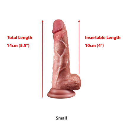 Realistic dildo in small size with 14cm total length and 10cm insertable length. Made of body-safe silicone with a suction base for hands-free use.