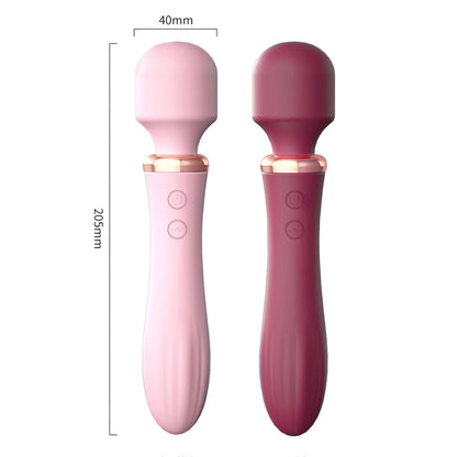 Two silicone wand vibrators, one pink and one berry, showing dimensions of 205mm length and 40mm head width.