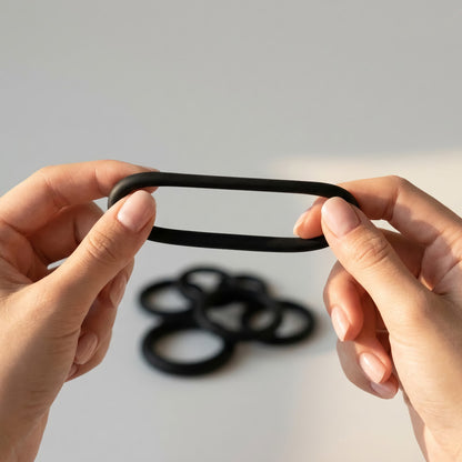 Hands stretching a flexible matte black silicone cock ring to show its high elasticity and soft texture, with other silicone rings blurred in the background.