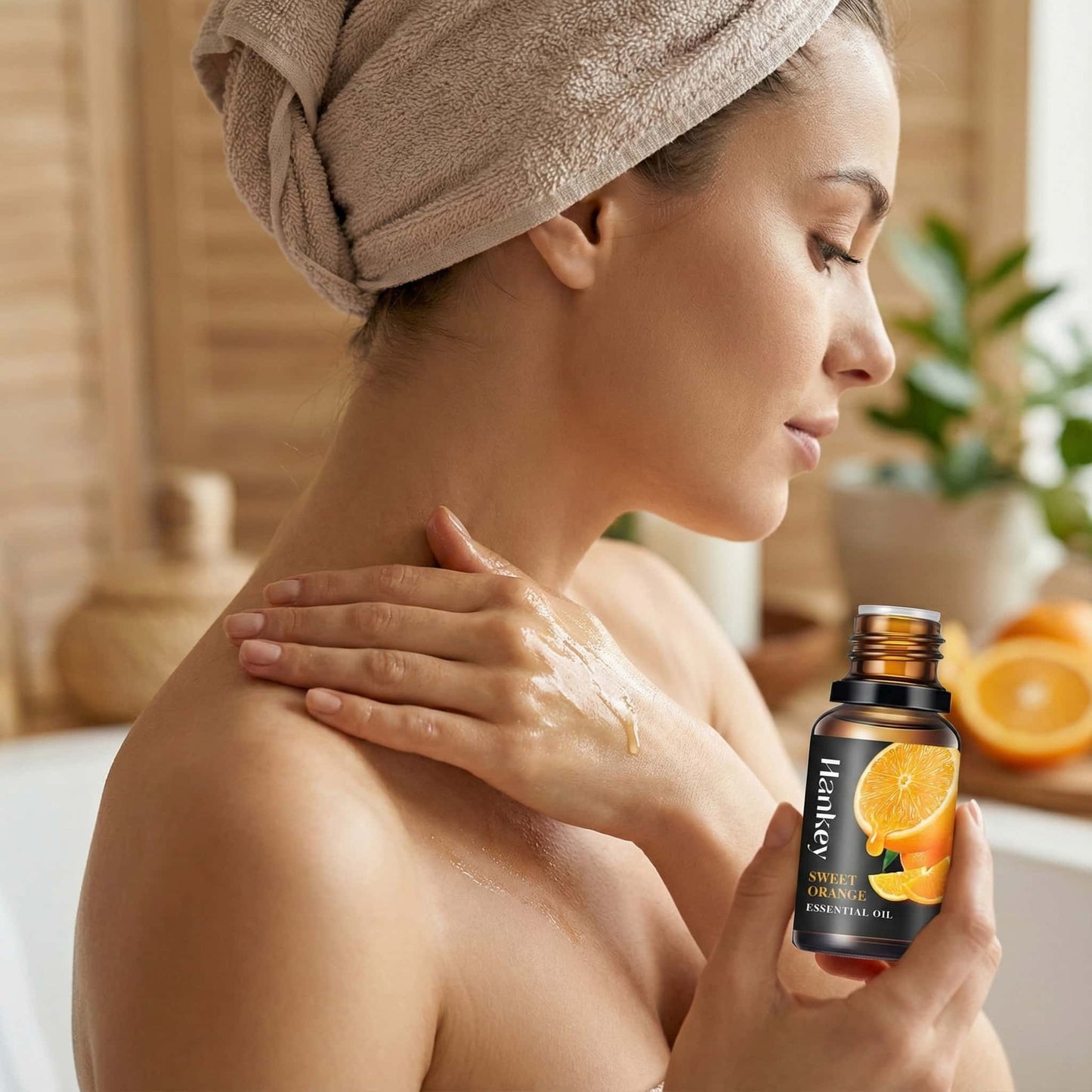 Model applying Sweet Orange Essential Oil blend to neck as a hydrating massage oil.