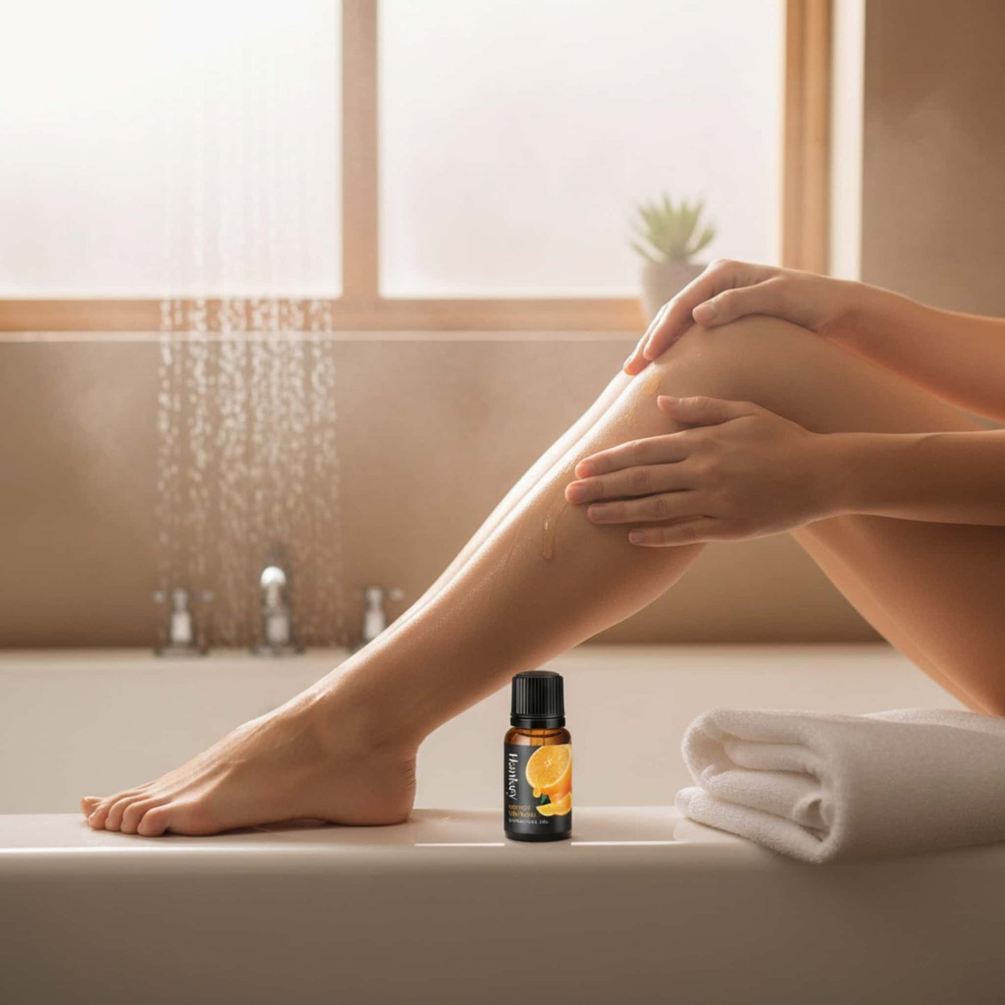 Woman applying hydrating Sweet Orange massage oil to her legs after a bath in a spa setting.