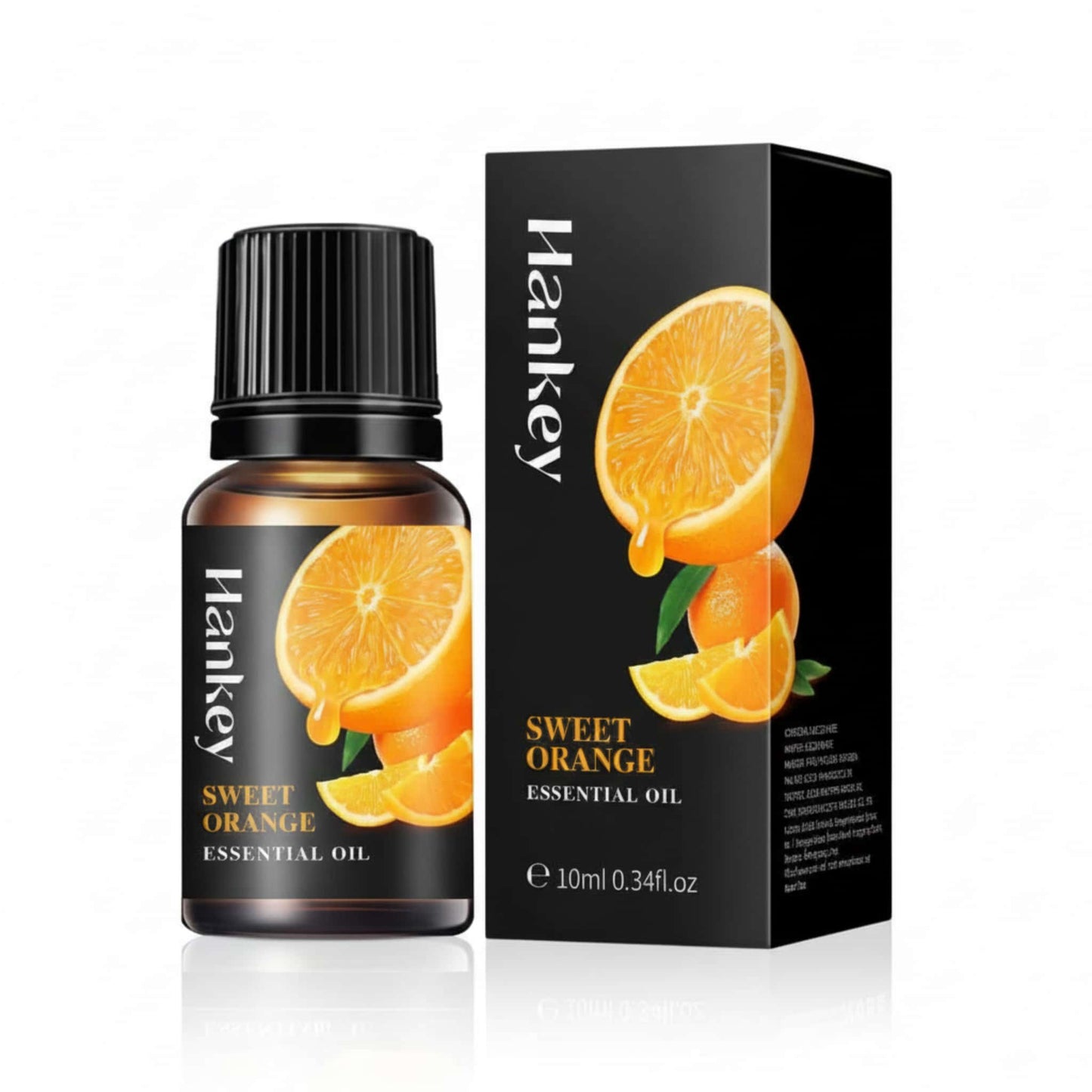 Sweet Orange Essential Oil bottle and its black packaging box displayed on a pure white background.