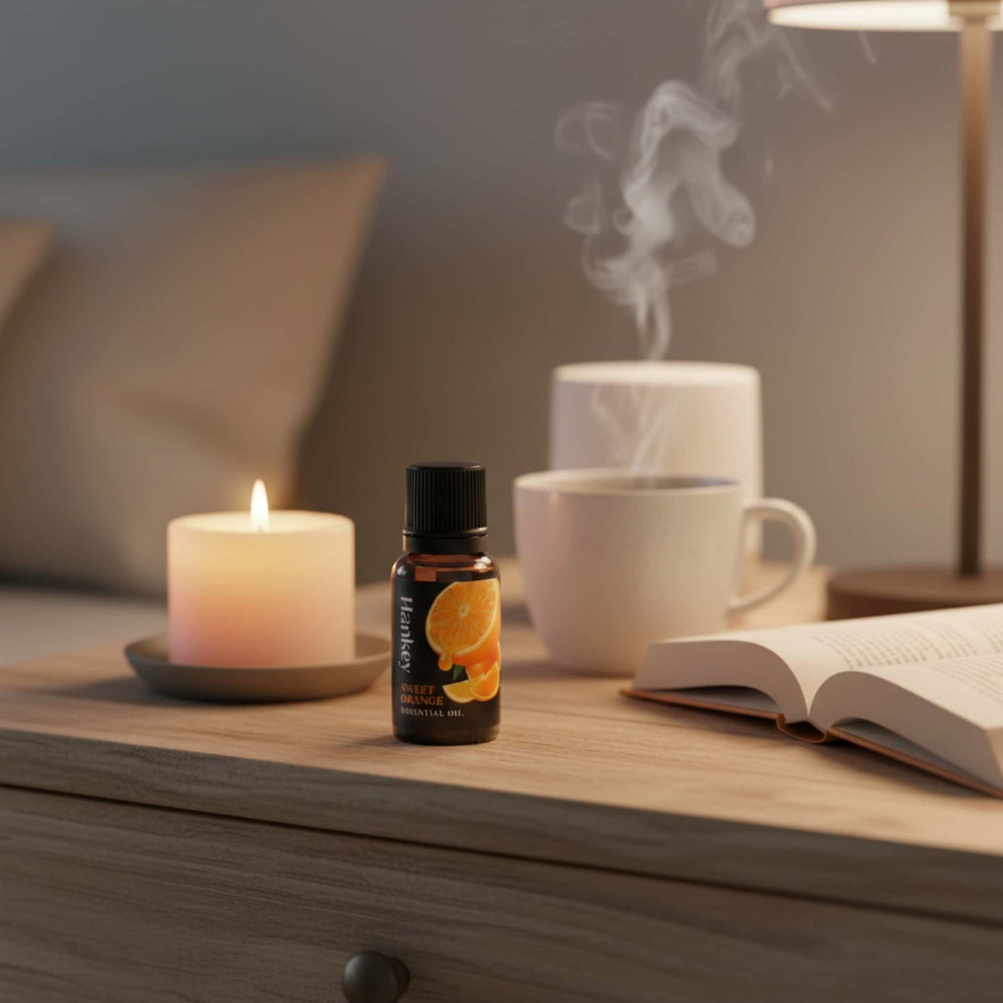 Sweet Orange Oil bottle in a relaxing home setting with tea, a book, and a diffuser for aromatherapy.