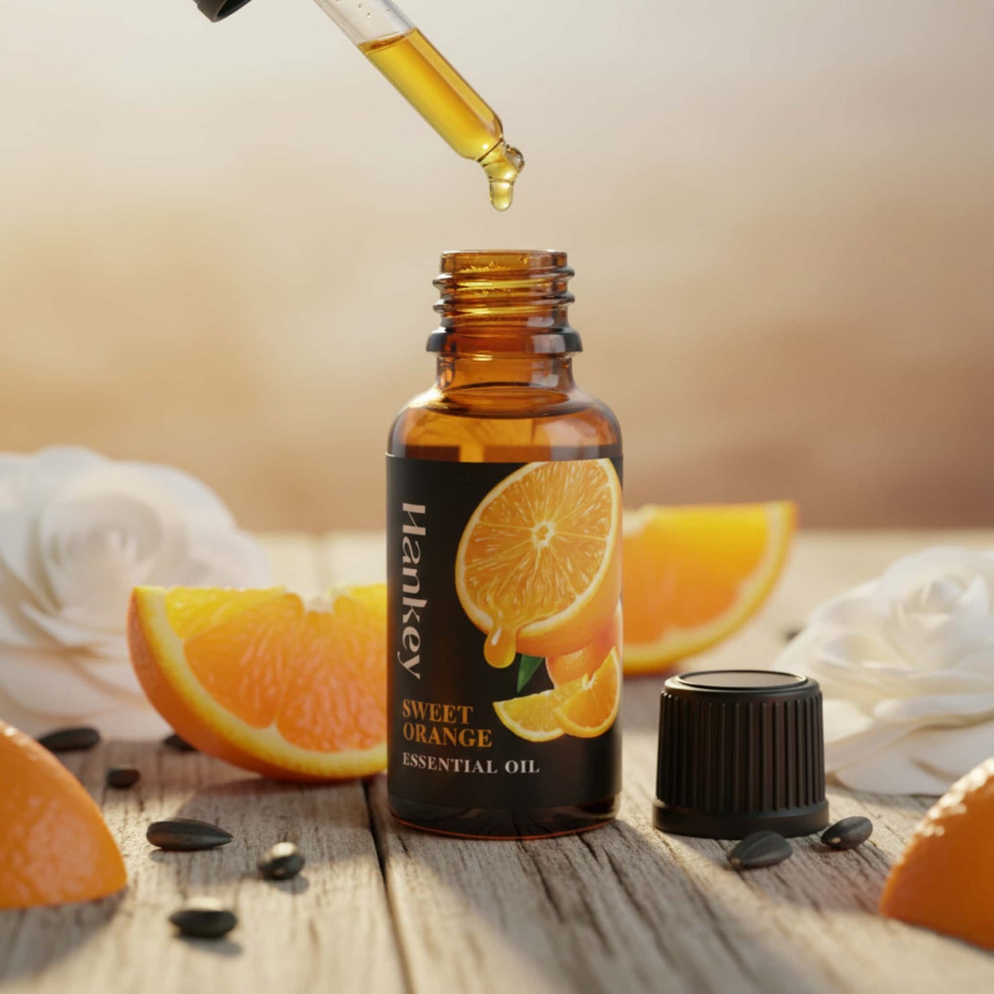 Close-up of Sweet Orange Oil dripping, showing golden texture alongside fresh oranges, camellia flowers, and sunflower seeds.