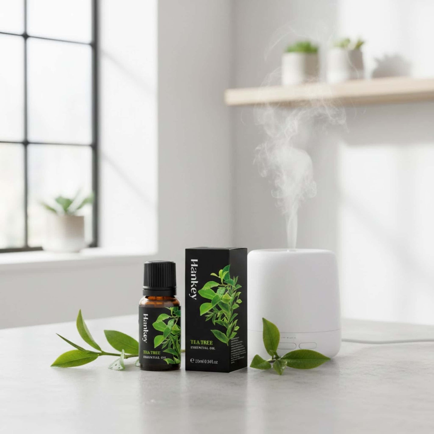 Tea Tree purifying sensual oil bottle with a minimalist diffuser and fresh tea tree sprigs, creating a clean, invigorating, and confident intimate atmosphere.